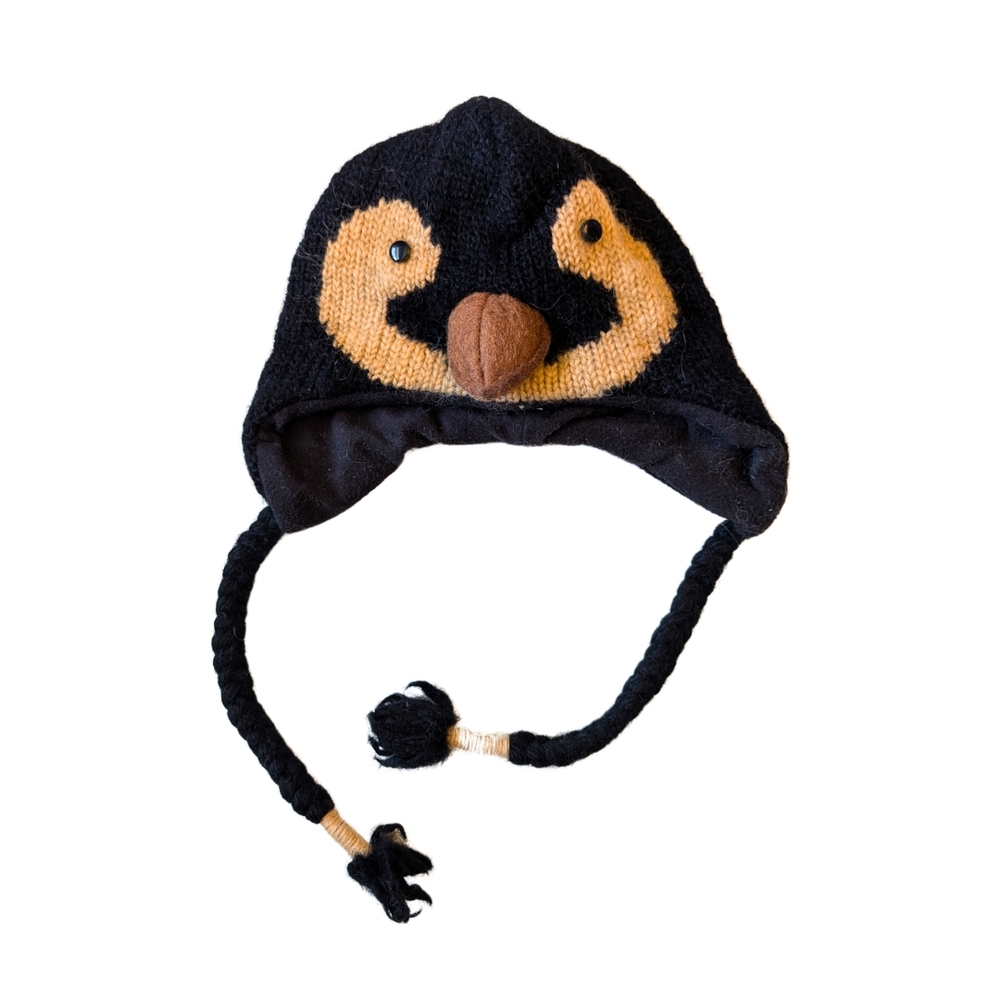 Black and Tan Penguin Winter Hat with Ear Flaps